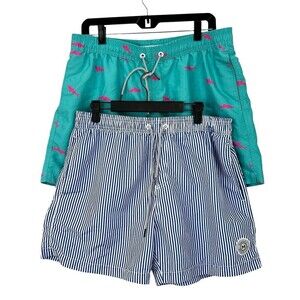 2 Maamgic Mens L Swim Trunks Blue Shark Stripe Shorts Liner Pocket 5 Inch Inseam